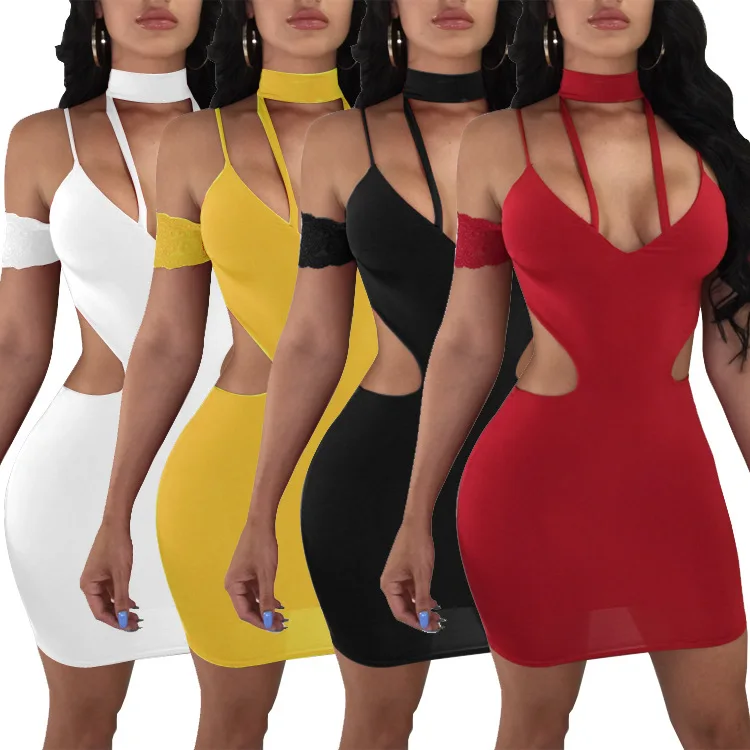 

Summer solid color lace suspender sexy dress strap nightclub multicolor women dresses, White, yellow, red, black