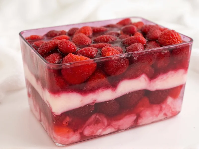 Homemade jello layers with fresh berries in clear mold