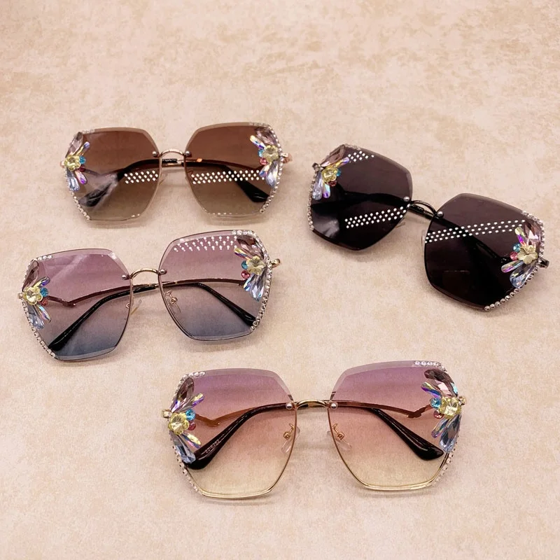 

Fashion frameless rhinestone sunglasses vintage crystal sun glasses women Polygon diamond eyewear UV400 lentes de sol