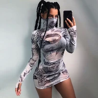 

Turtleneck Dragons Printed Sexy See-Through Long Sleeve Dress