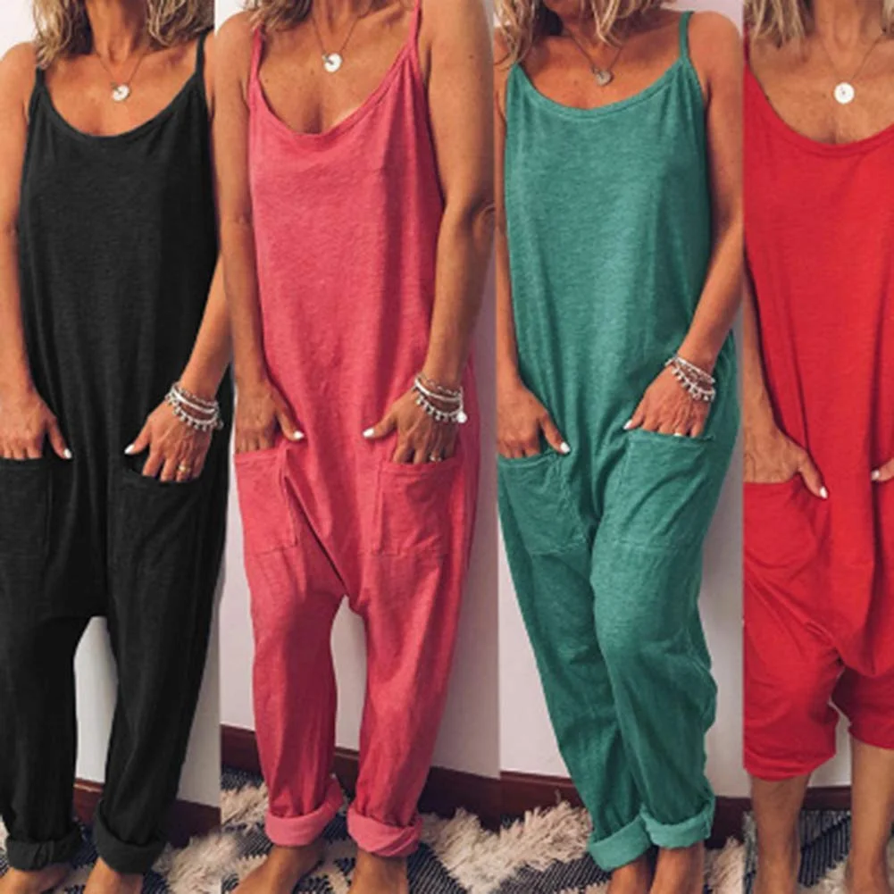 

Cowinner Women Casual Solid Color Sleeveless Wide Leg Baggy Pants Jumpsuit Overalls with Pockets, As pic