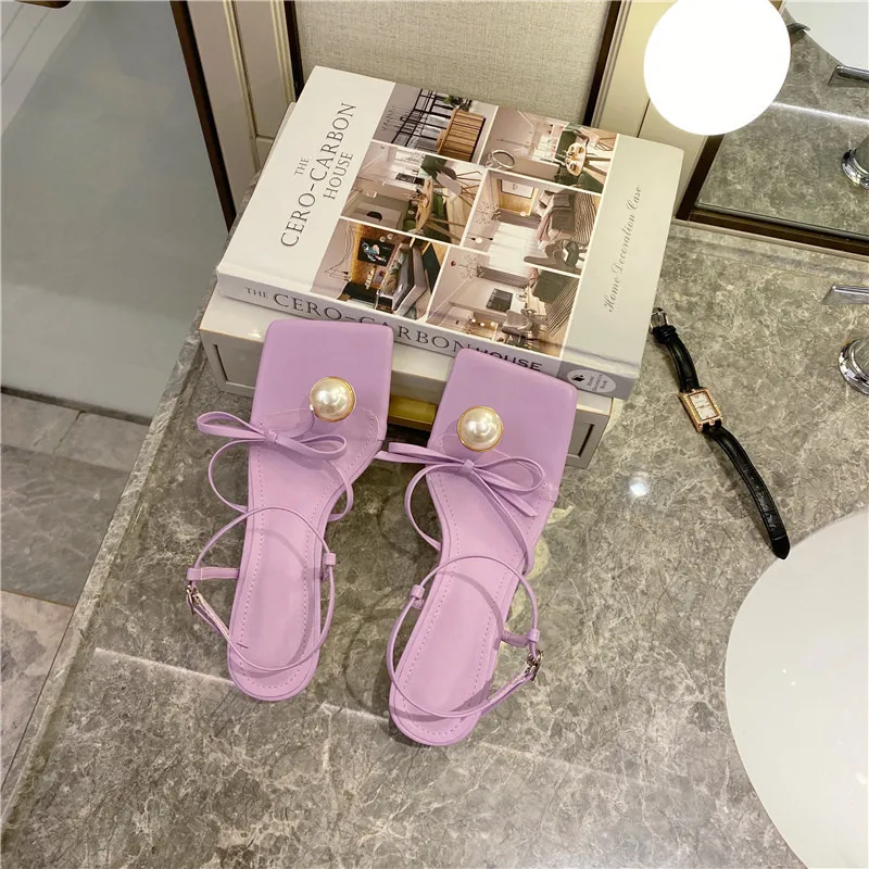 

Fashion Pearl Decoration Clip Toe Womens Butterfly-Knot Lace Up Sandals Ankle Buckle Strap Low Heels Female Shoes, As the pic