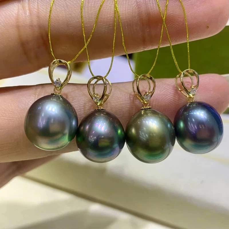 

Sailing Jewelry Gifts 11-12MM Tahiti Natural-Ocean Green Pearls Necklace 18k Gold Chain Seatwater Pearl Necklace