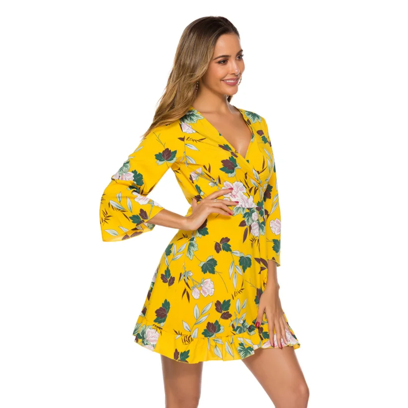 

Factory wholesale ruffled floral print loose dress fashionable casual long sleeve bohemian dress, As picture