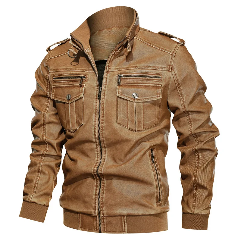 

Winter Stand Collar Washing color Brushed Men Outdoor Casual PU leather Biker Jacket