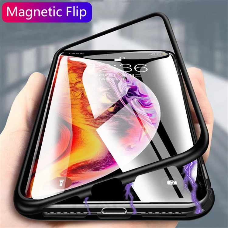 OTAO Metal Magnetic Adsorption Mobile Cover For iPhone 11 Pro XS MAX XR X 8 7 Plus Fundas Para Tempered Glass Magnet Ponsel Case