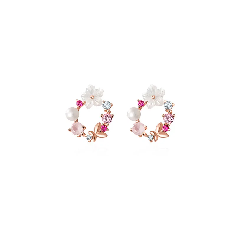 

S925 Fashion earings korean stud Pearl flower diamond earrings for women statement gold butterfly jewelry earring