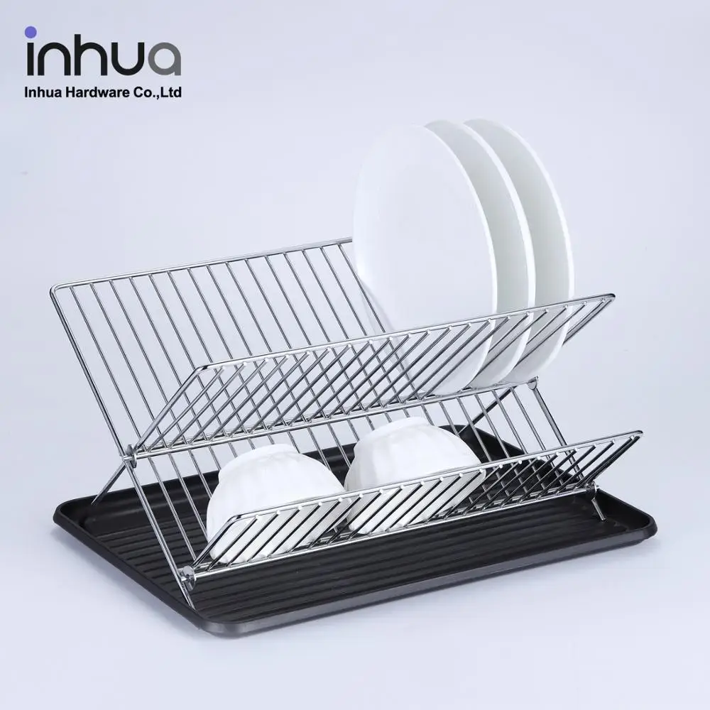 Xshaped Foldable Kitchen Dish Rack Chrome Metal Drain Black Tray