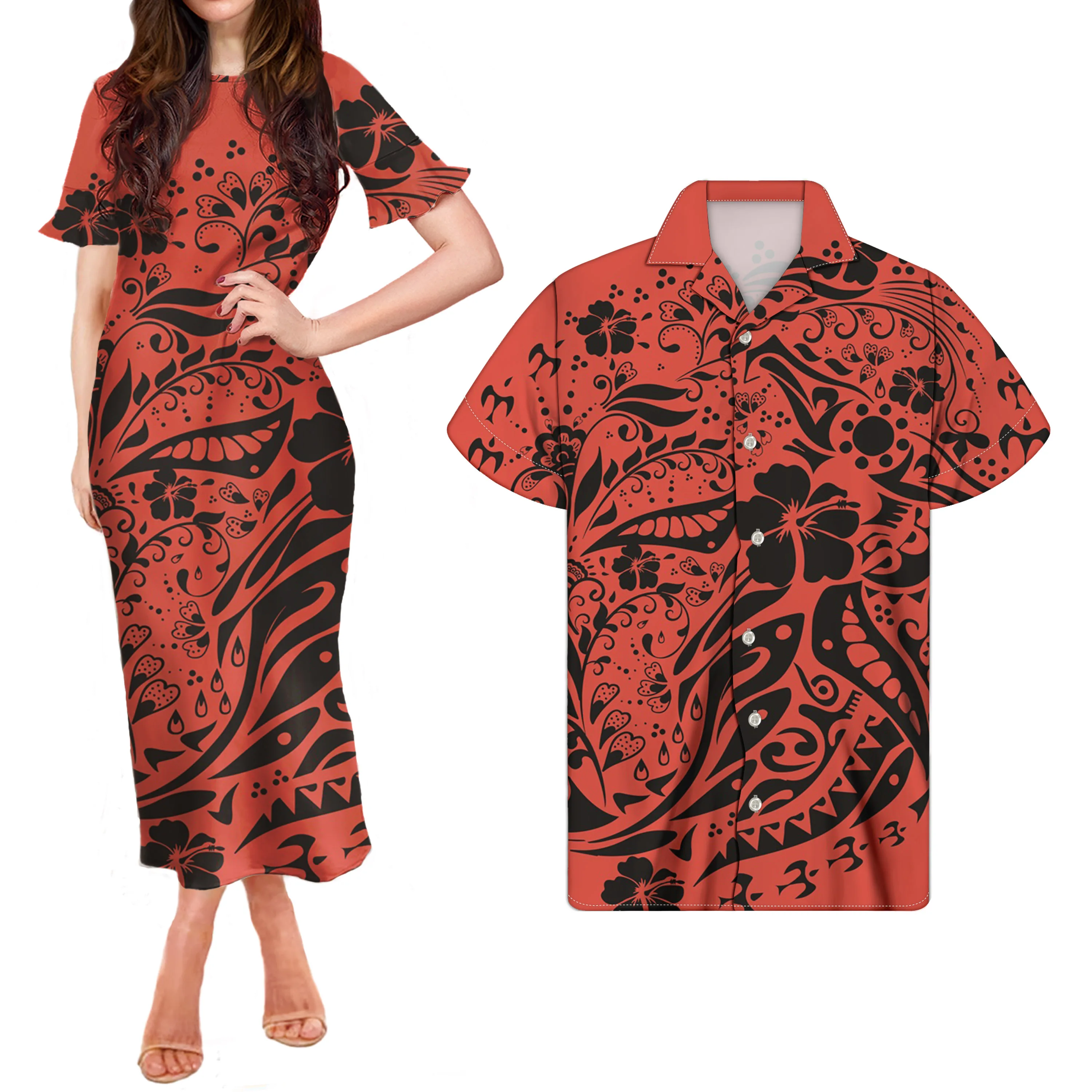 

Custom Hawaiian Hibiscus Plumeria Dresses Women Lady Elegant Sexy Bodycon Summer Casual V-Neck Ruffle Short Sleeve Dresses