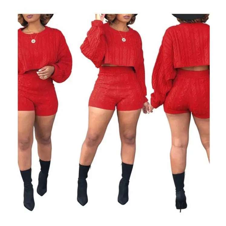 

2019 Wholesale Clothing Two-Piece Crop Sweater Shorts Set Women Work Garment