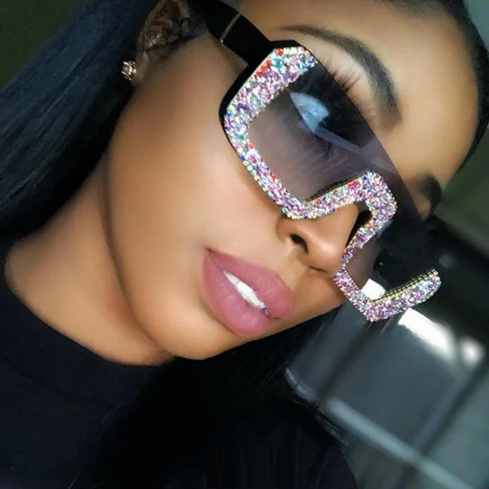 

2021 Hot Sale Luxury Crystal Brand Designer Half Frame Oversized Rhinestone Sunglasses Square Shape Sunglasses