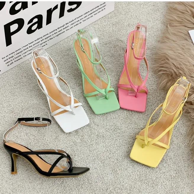 

summer new candy color strap sandals catwalk style square toe high-heeled shoes, 2 colors