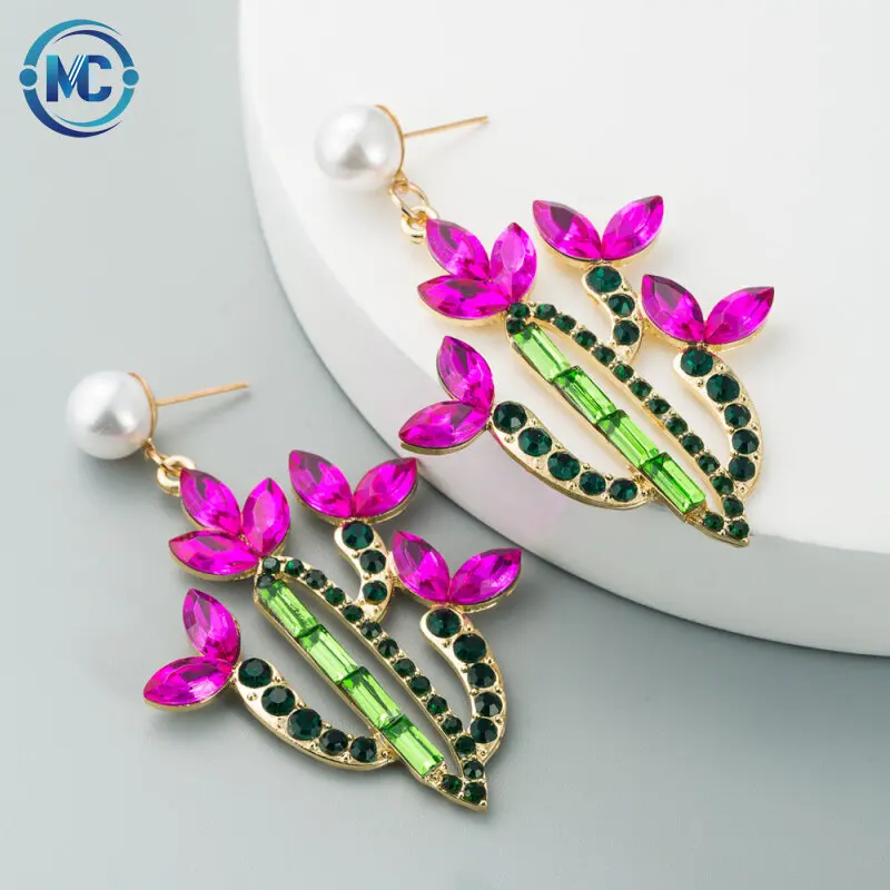 

2021 Popular ladies earrings creative cactus alloy rhinestone vintage earring