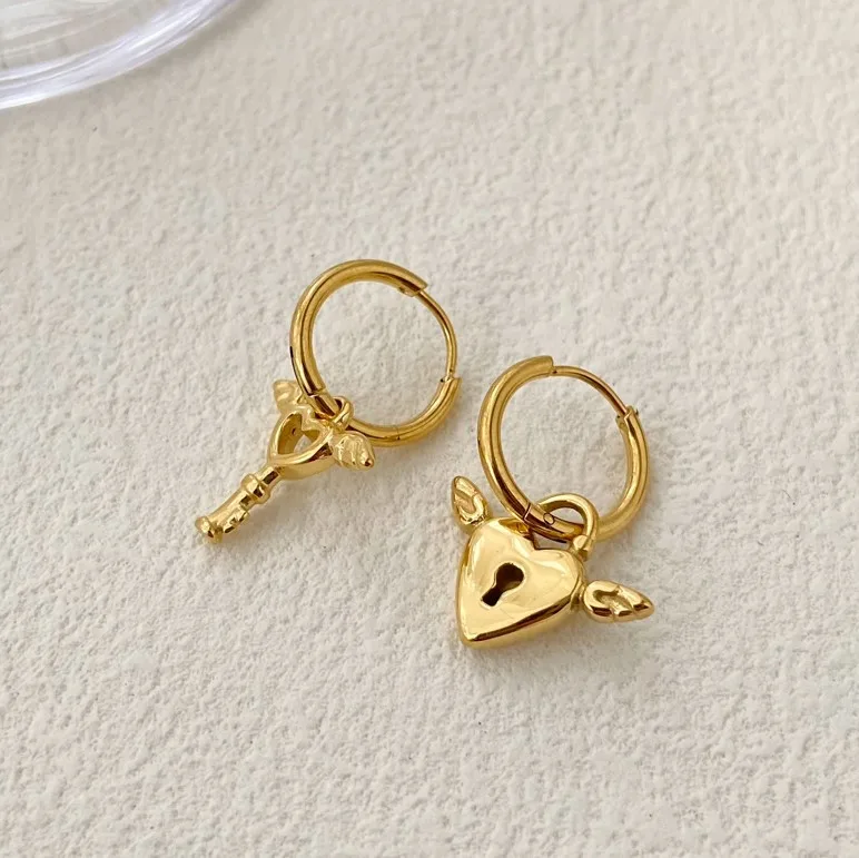 Punk Gold Plated Stainless Steel Key Drop Earrings Titanium Steel Key Heart Asymmetric Earring For Women