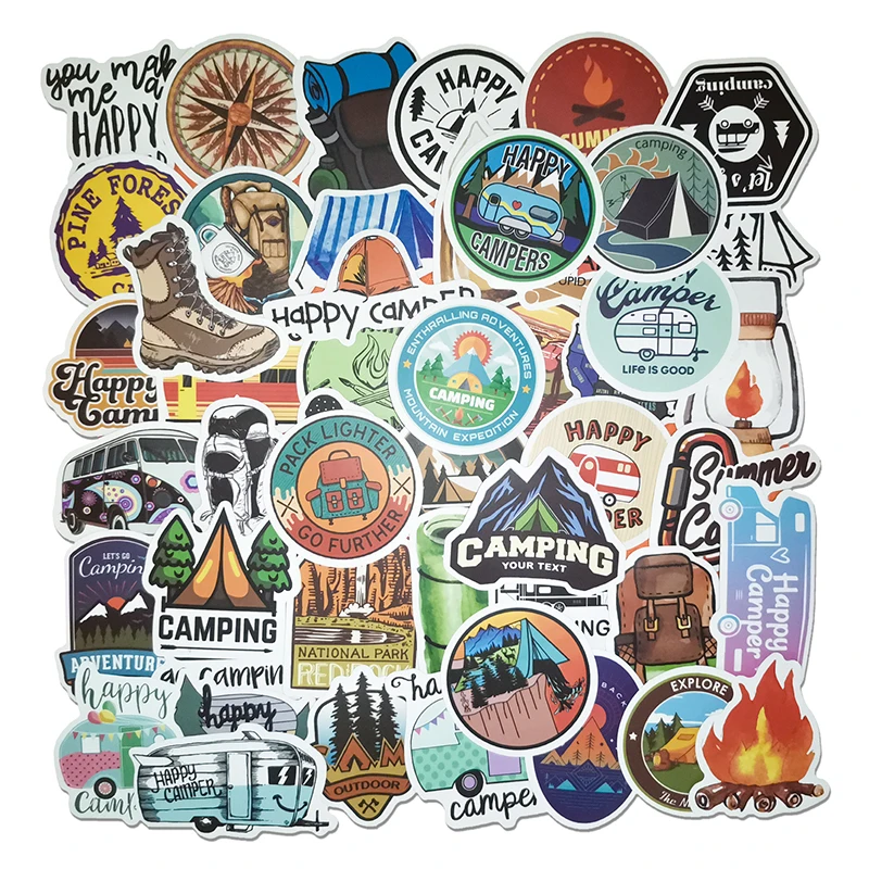 

50PCS AliExpress Hot Selling Camping Sticker Outdoor Adventure Cartoon Sticker Luggage Laptop Refrigerator Water Cup Stickers, Cmyk