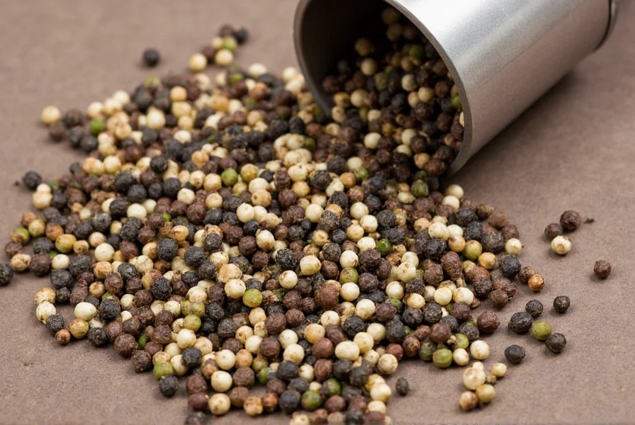 Close-up view of triple pepper blend showing black, white, and green peppercorns in a spice grinder