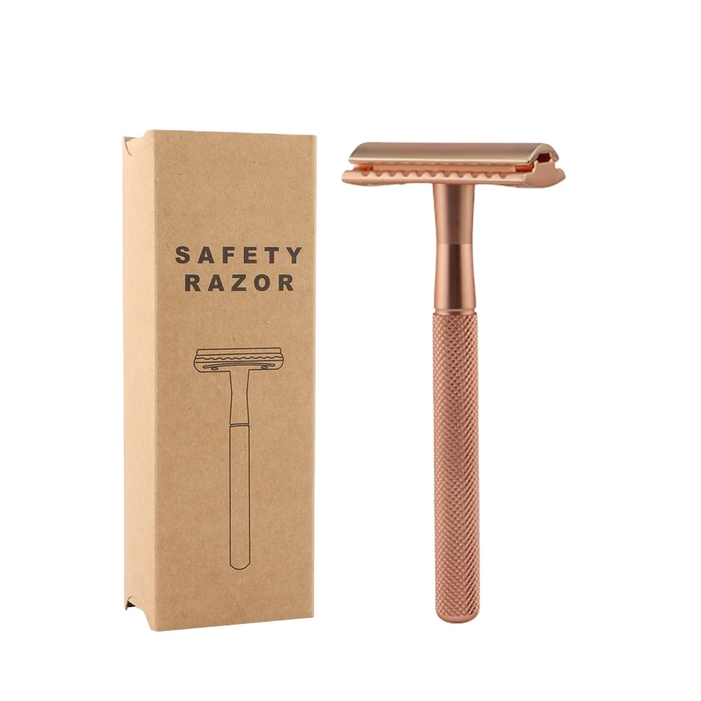 Men Shaving Matte Rose Gold Double Edge Safety Razor with Replacement Blades