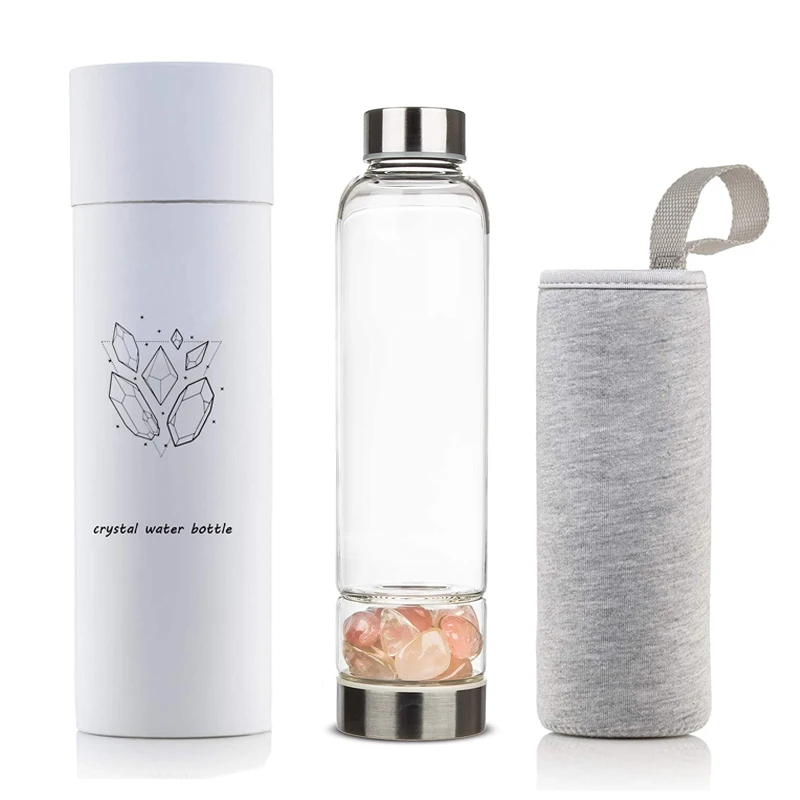 

Hot Sale Custom Logo Elixir Crystals Healing Stones Infused Drink Glass Water Bottle With Strainer, Customized color acceptable
