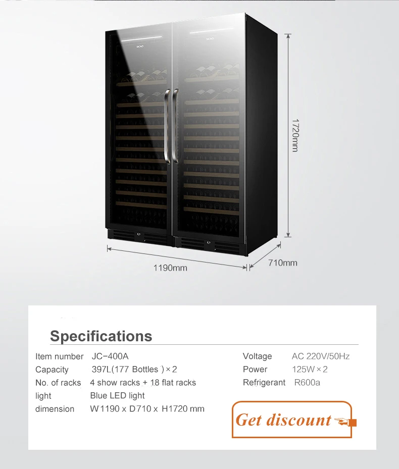 SICAO twin intelligent 2 zones 220v 240v display 2 doors 300 bottles dual zone chiller oem large wine fridge walk in wine led