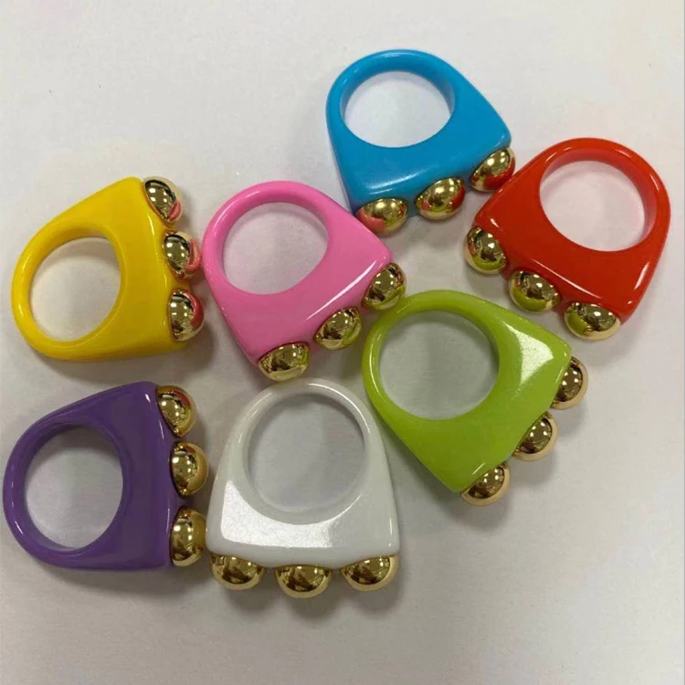 

Summer Chic Geometric Metal Rectangle Colorful Acrylic Ring Chunky Plastic Resin Wood Ring for Women
