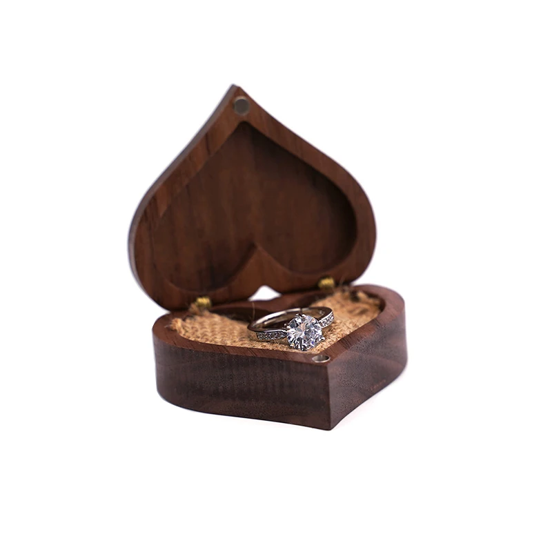 

Custom Luxury Black Walnut Small Fancy Magnetic Wooden Engagement Wedding Heart Ring Box Jewelry Storage Box, Natural