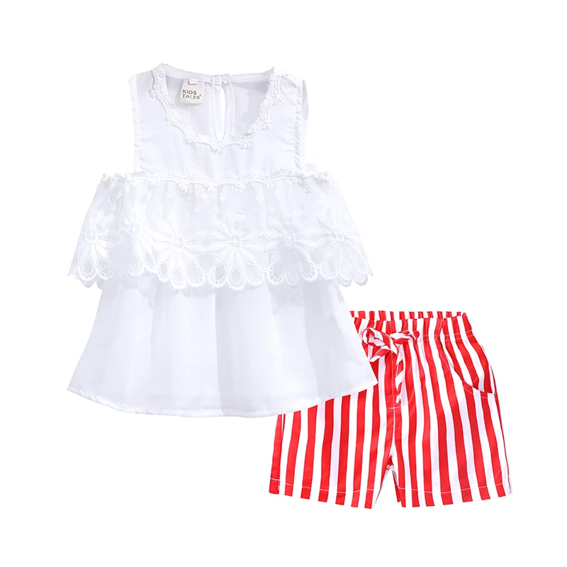 

White lace top + red stripe shorts children clothes set summer girl wear, Various design