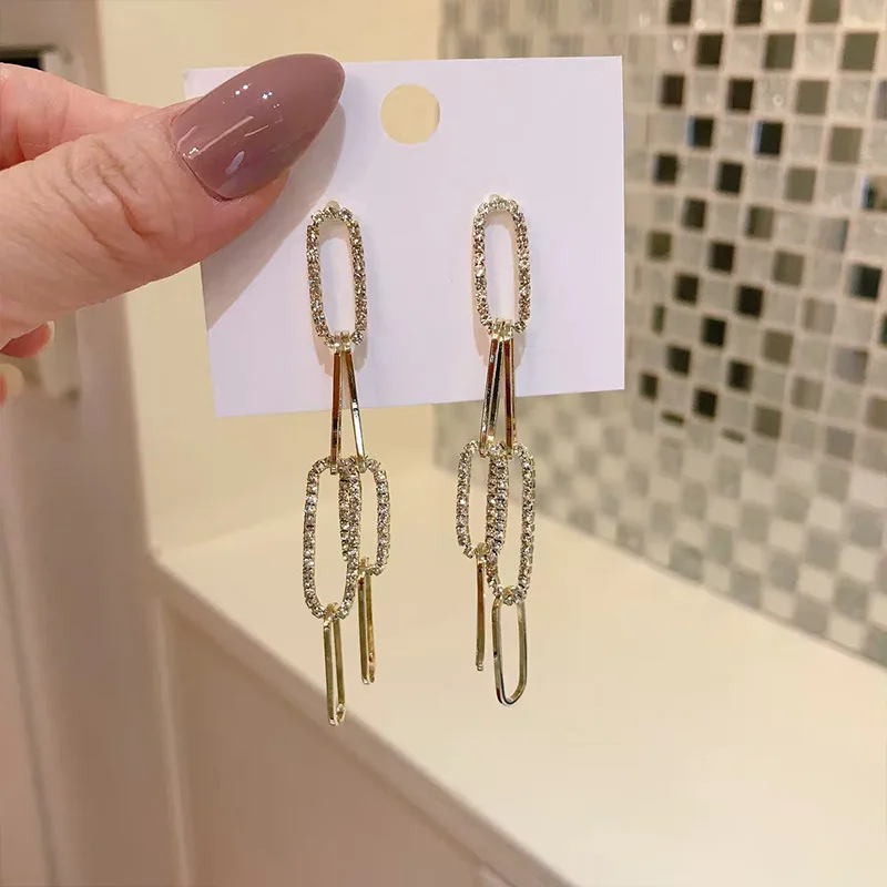 

Fashion Jewelry Rhinestone Crystal Link Chain Earrings Long Tassel Diamond Statement Earrings, Silver gold