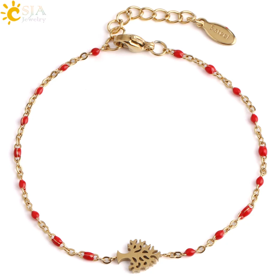 

CSJA luxury stainless steel gold color tree of life charm bead chain bracelet S418