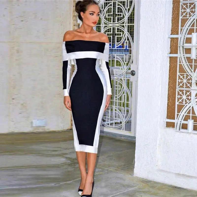 

new design women off-shoulder knitted casual bodycon bandage ropa mujer midi dress