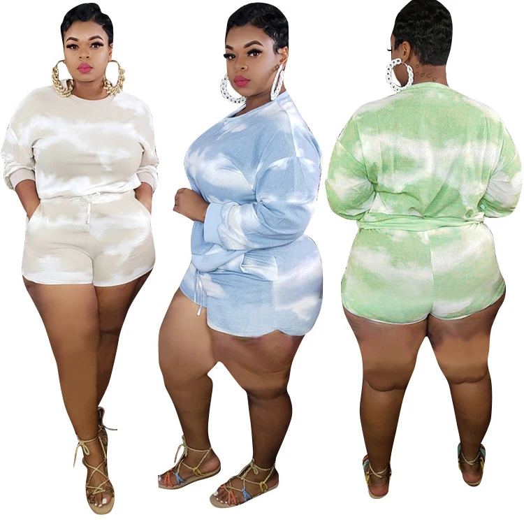 

Fashion New Long Sleeve Round Neck Tie Dye Printed Top Set Plus Size Loose Casual Shorts Pants Two-piece Women