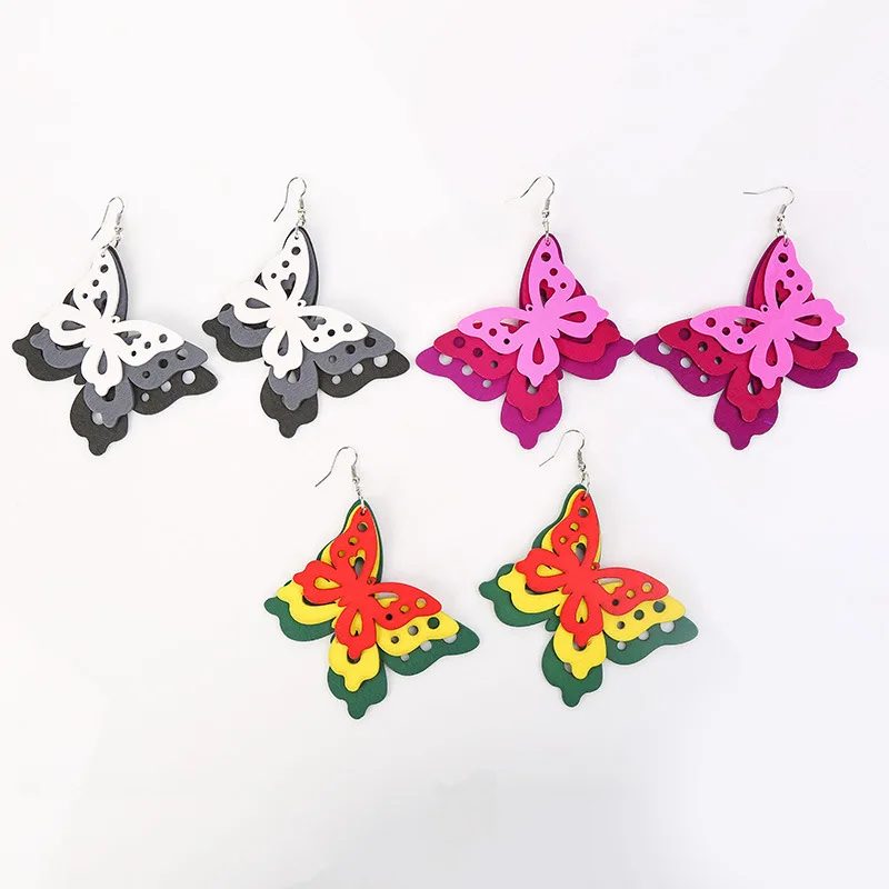 

Fashion African Purple Pink Big Butterfly Wooden Big Hoop Statement Butterfly Dangle Earrings Jewelry, Colorful