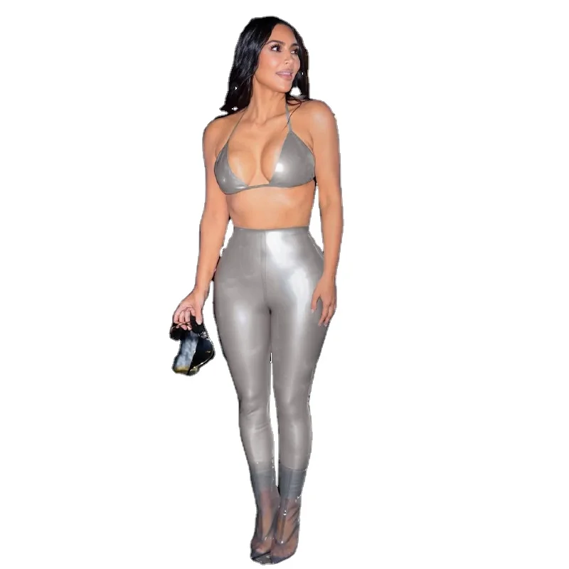 

Summer 2022 new arrivals designs PU leather sexy 2 piece full length pant set sexy halter bra top 2 piece outfits