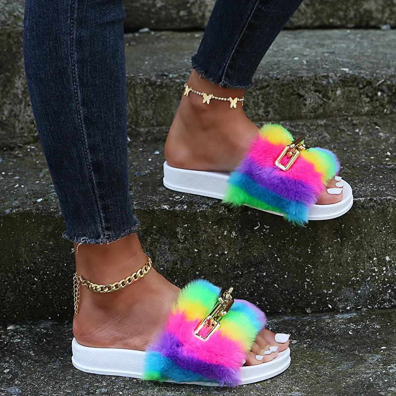 

Hot sale soft Sandals designer girls shoe Fluffy Outdoor Fur Slides winter women slippers, Picture