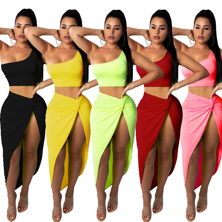 

Solid Color Two Piece Set Clothing Dresses Pleated Summer Beach Crop Top and Skirt Set Women's Skirts, Yellow, red, black, fluorescent green, phosphor