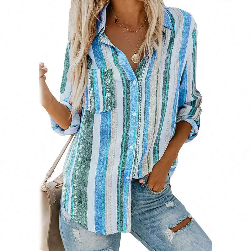 

Women Casual Autumn Turn-Down Collar Full Sleeve Blue And White Striped Top, Blue/pink/orange
