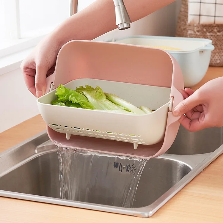

Household Kitchen Tools Double Layer Multi-function Sink Strainer Fruit Vegetable Washing Bowl Plastic Drain Basket, Pink / blue