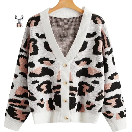 

Latest Design Pattern Jacquard Knitwear Custom Ladies Women Leopard Knit Cardigan