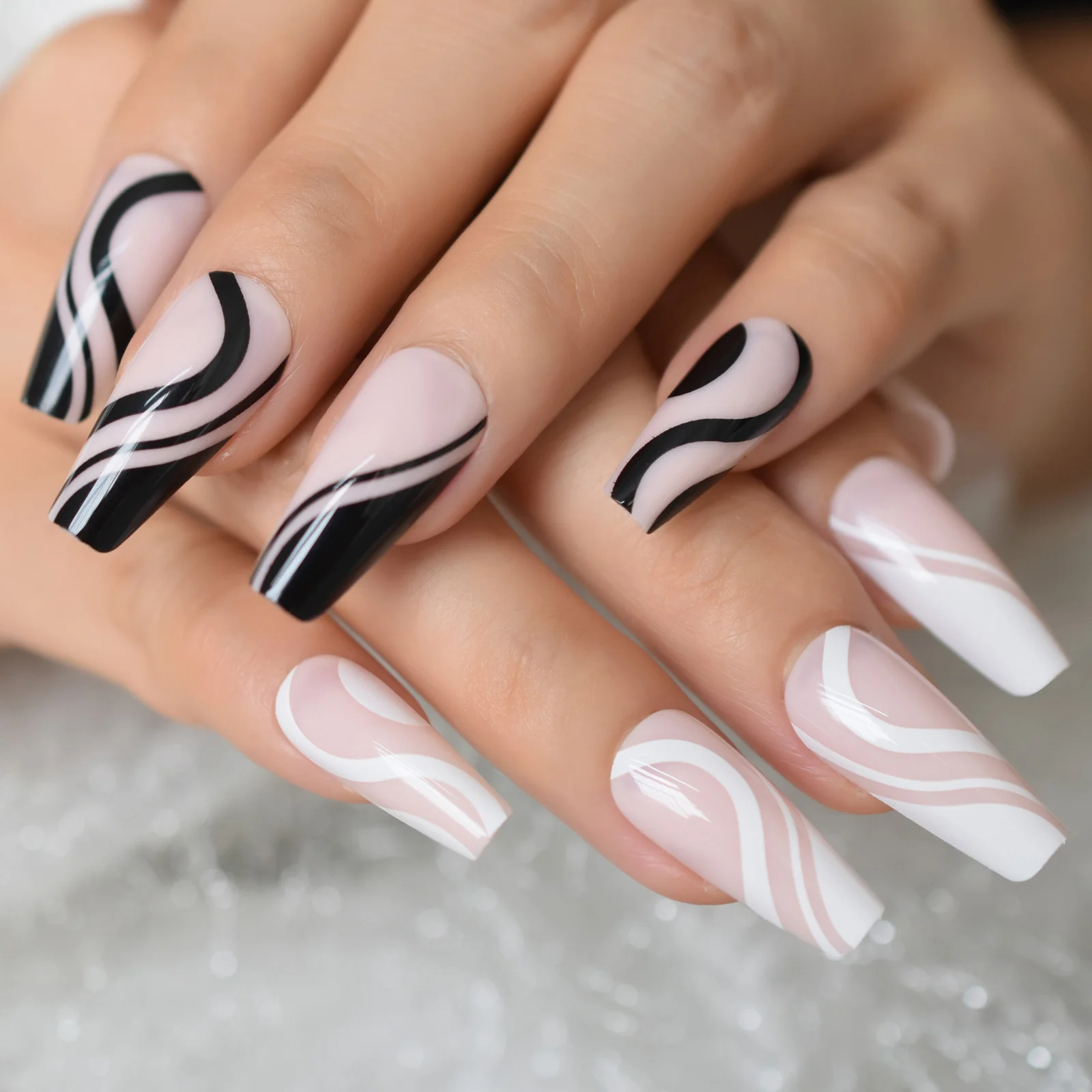 

Nude Pink High Quality Fake Nail For Girl Decoration With Zebra stripes Pattern Coffin Long False Art Nail