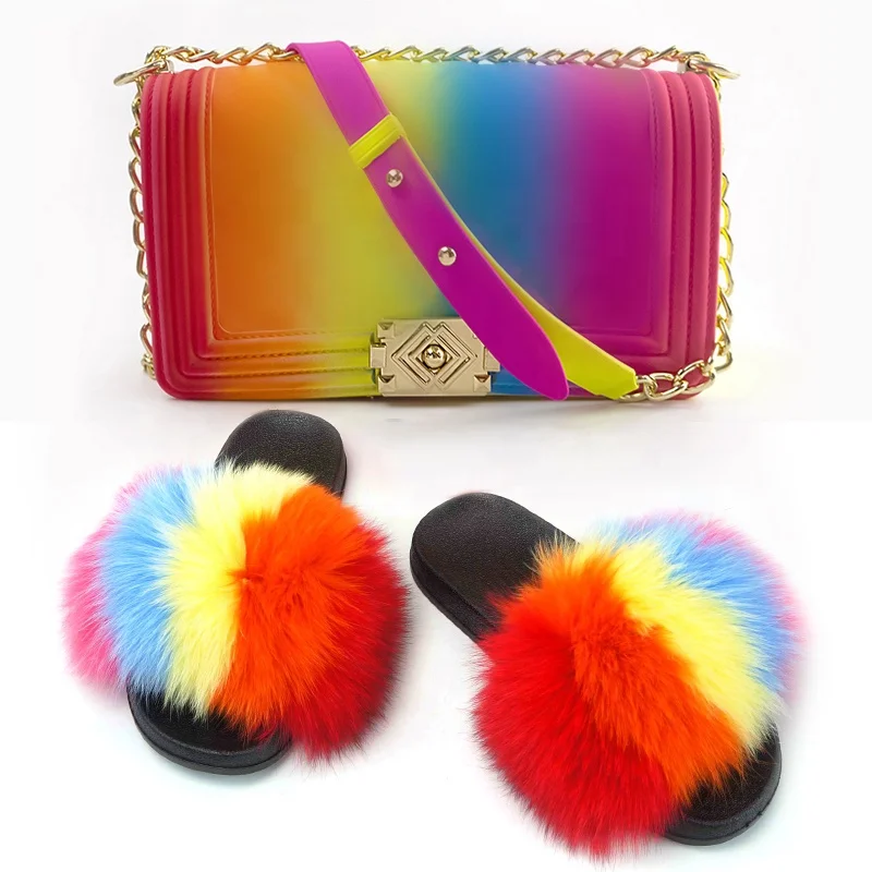 

Fluffy Fur Slides Matching Jelly Purses Set, Rainbow And Solid Color Jelly Bags Slippers Shoes For Women Ladies Kids, Rainbow and solid all can make