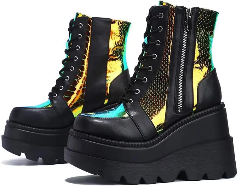 

HY3001 ladies wedge boots heels colorblock boots platform chunky boots, Black/white