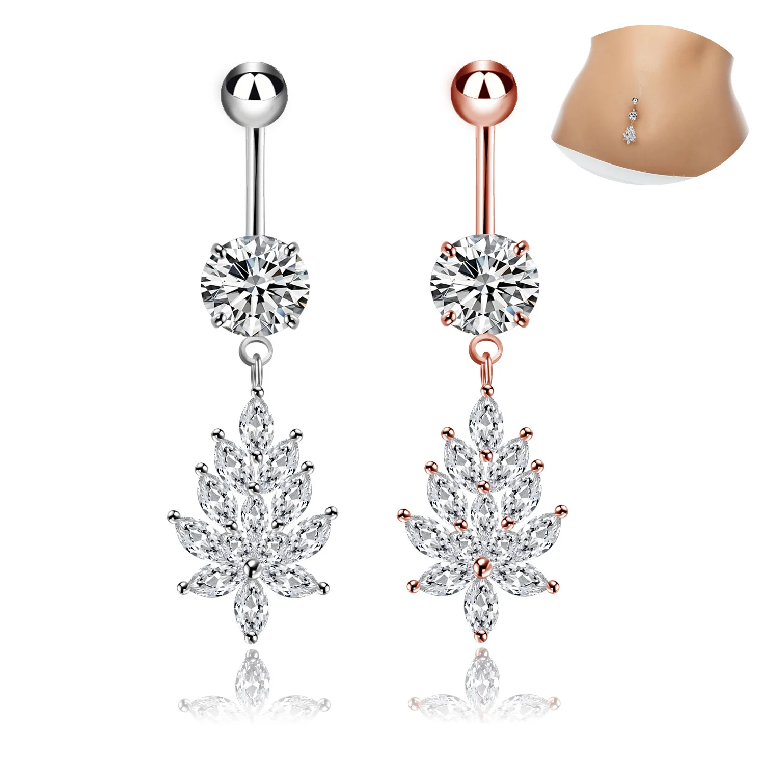 

wholesale Korean Body piercing jewelry AAA zircon stones Leaf Shaped Dangle Belly Button Ring Stainless Steel Navel Rings