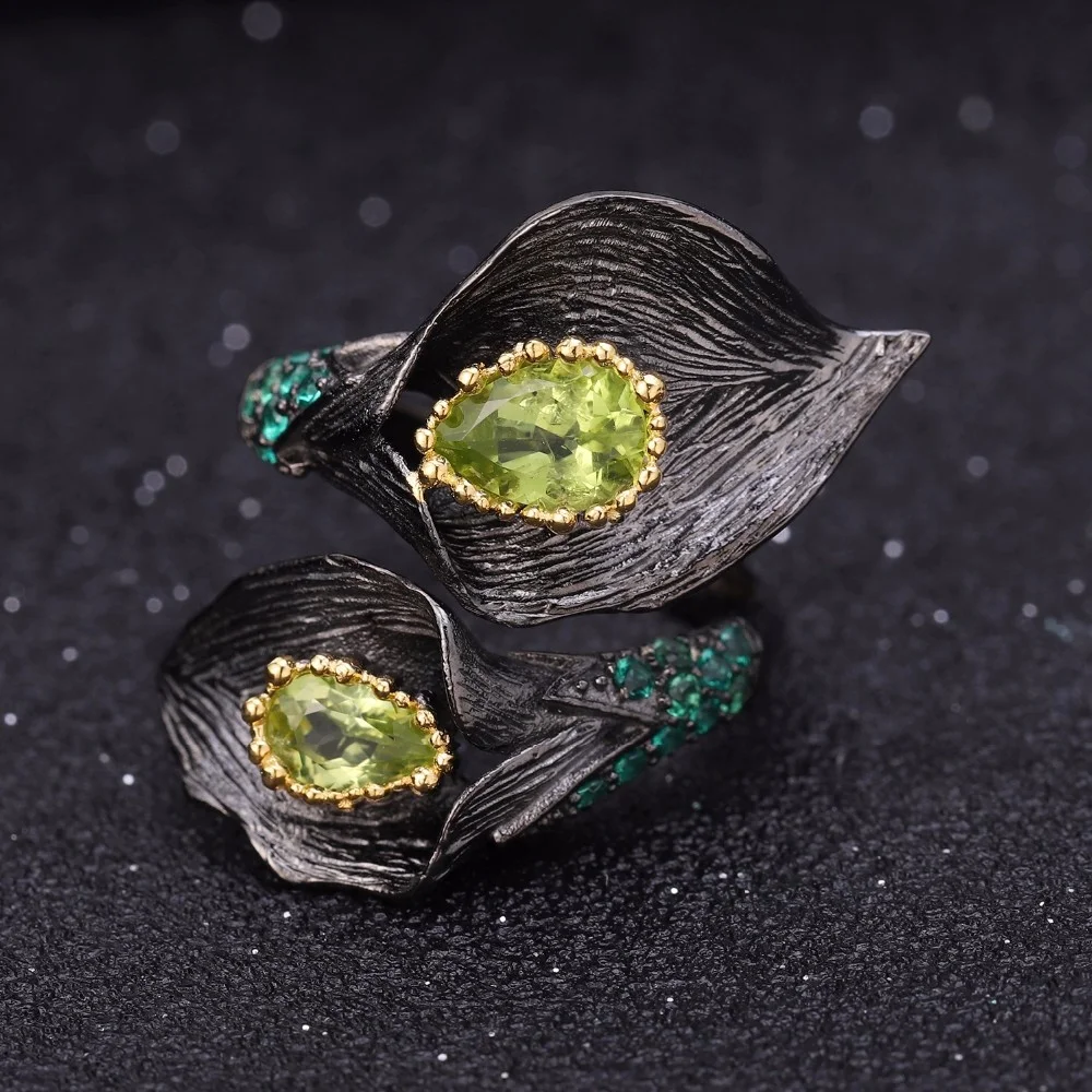 

Abiding Natural Peridot Adjustable Ring Black Gun plated Flower Rings Beautiful Women Jewelry Ring