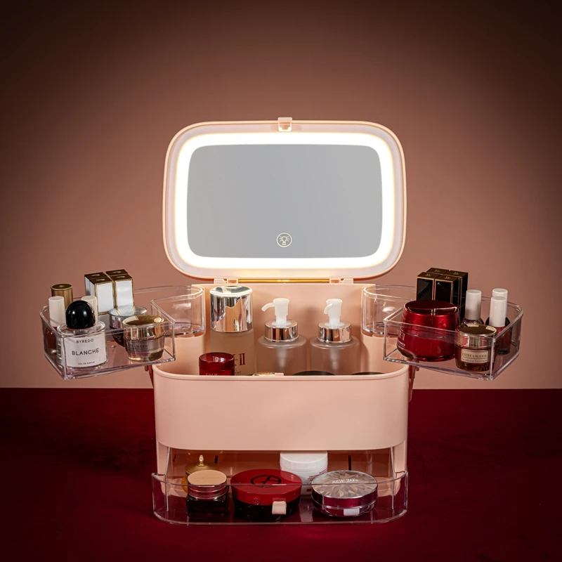 

Multifunctional LED Lights Makeup Portable Cosmetic Organiser Make Up Storage Box with Mirror, Optional