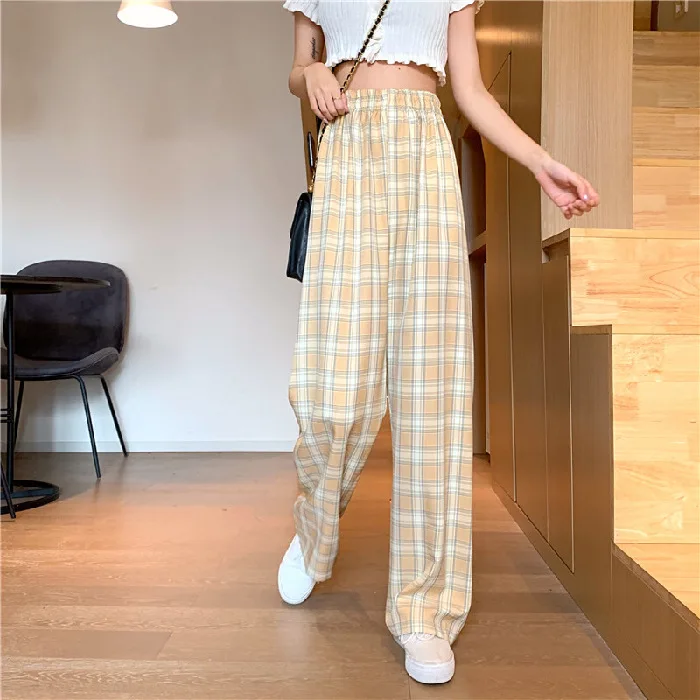 

Summer High Waist Wide Leg Pants Women's High Waist Casual Pants Plaid Loose Straight-leg Pants