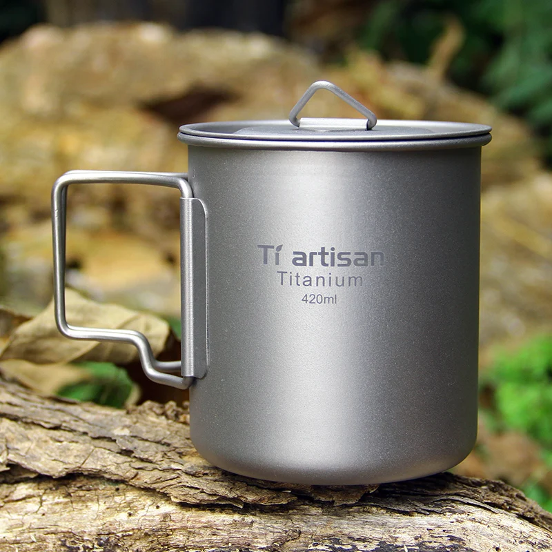 

Portable 14oz Titanium Pot Water Mug Cup with Lid and Foldable Handle, Customized color