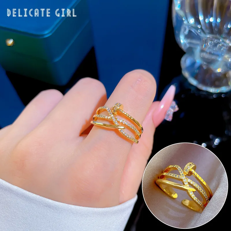 

Korean Crystal 18K Gold Plated Rings For Women Cross Adjustable Engagement Finger Ring