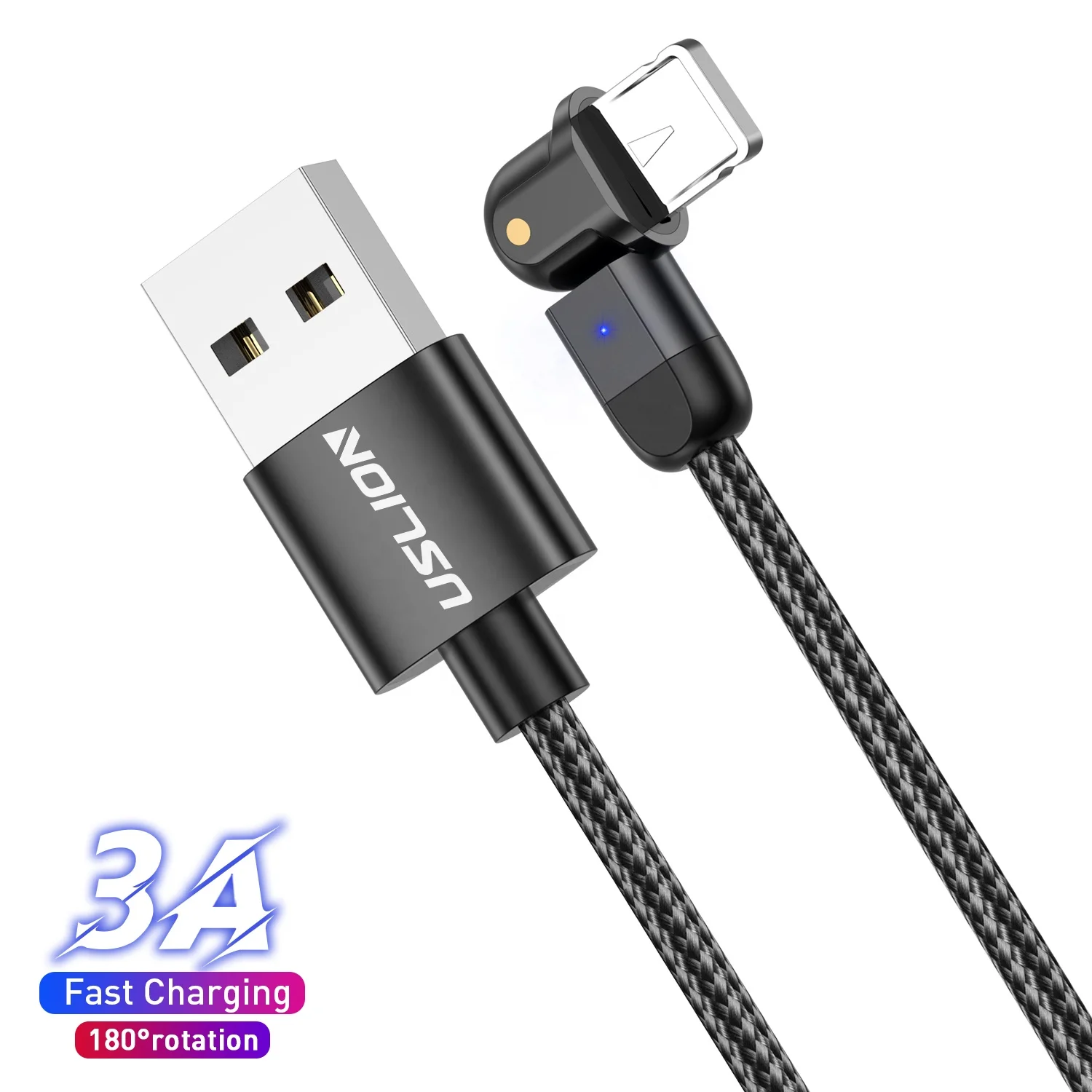 

USLION trending products 2021 new arrivals 180 Rotate Cable 3A Fast Charging Micro Wire Cord For iPhone Charge USB Phone Cable, Black red purple silver