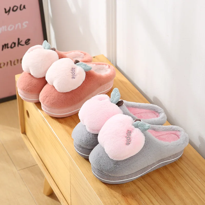 

Tuotuobao high heeled winter cotton slippers women's thick soled warm versatile home anti slip cartoon Apple plush slippers