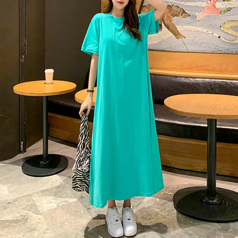

High quality summer korean style casual solid color long dress ladies cotton pockets oversized maxi t shirt dresses for women