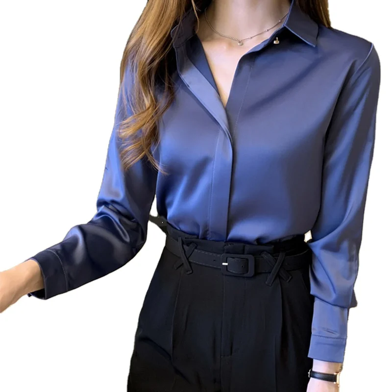 

Silk Shirts Women White Long Sleeve Blouse Office Lady Satin Blouse Tops Plus Size Women Basic Simple temperament Chiffon Shirt